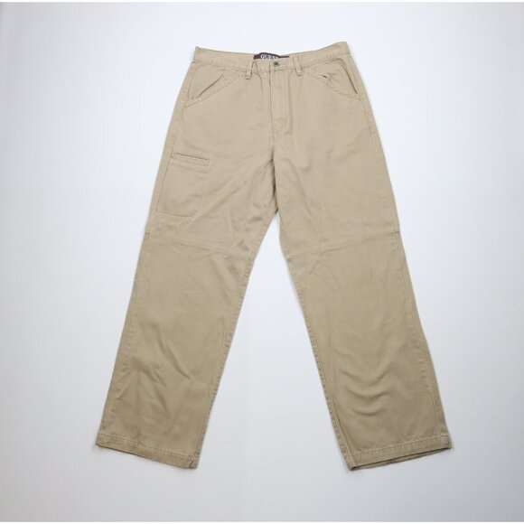 Vintage 90s Guess Mens 34x31 Faded Spell Out Baggy Wide Leg Dungaree Pants Khaki - Picture 1 of 13
